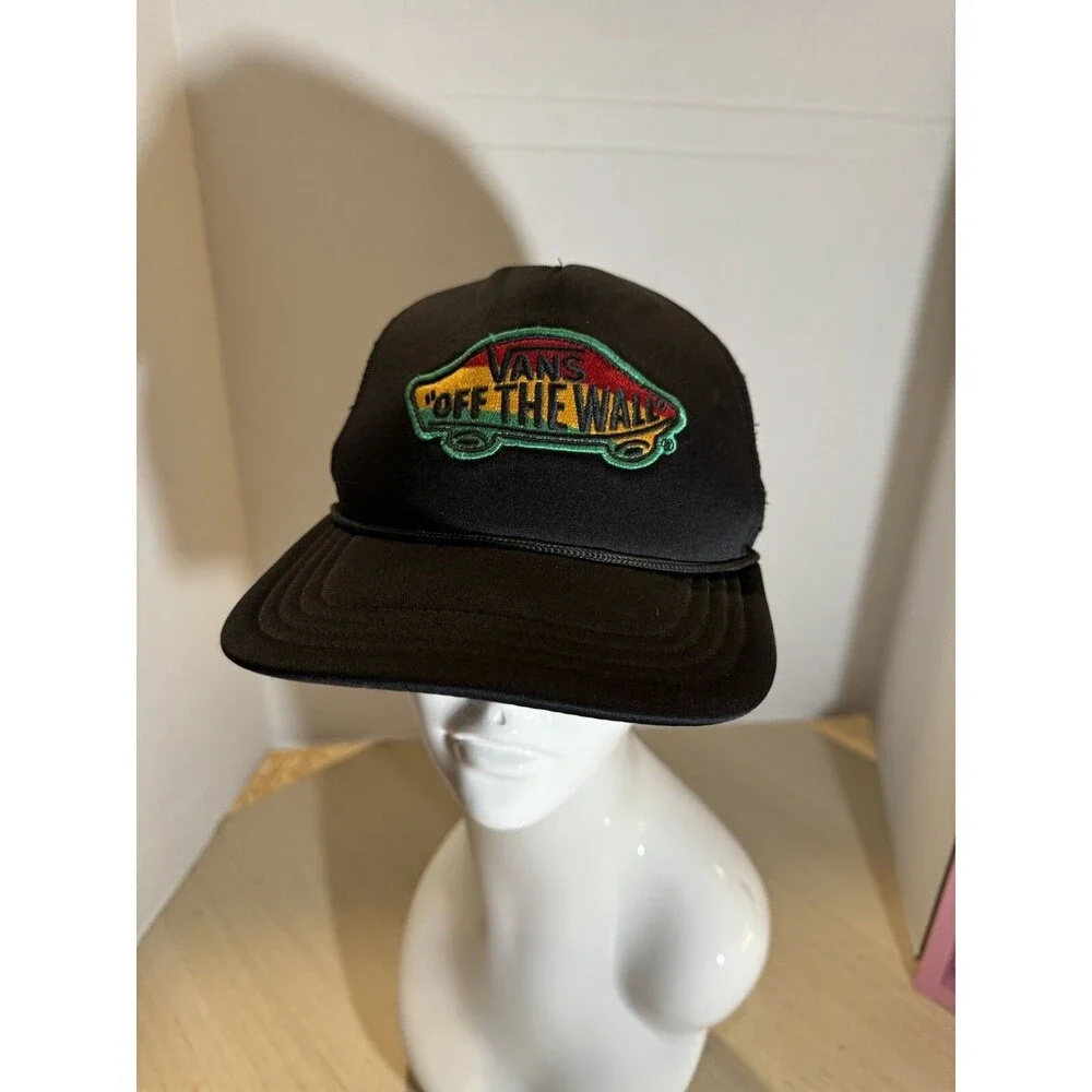 Vtg Vans Off The Wall Black Trucker Hat Rasta Logo Patch Mesh Back Adjustable